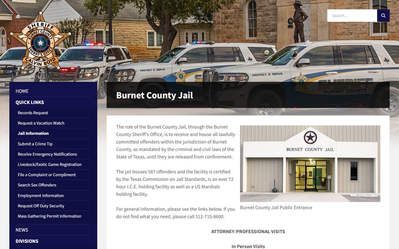 Burnet County Jail page with inmate search and custody information