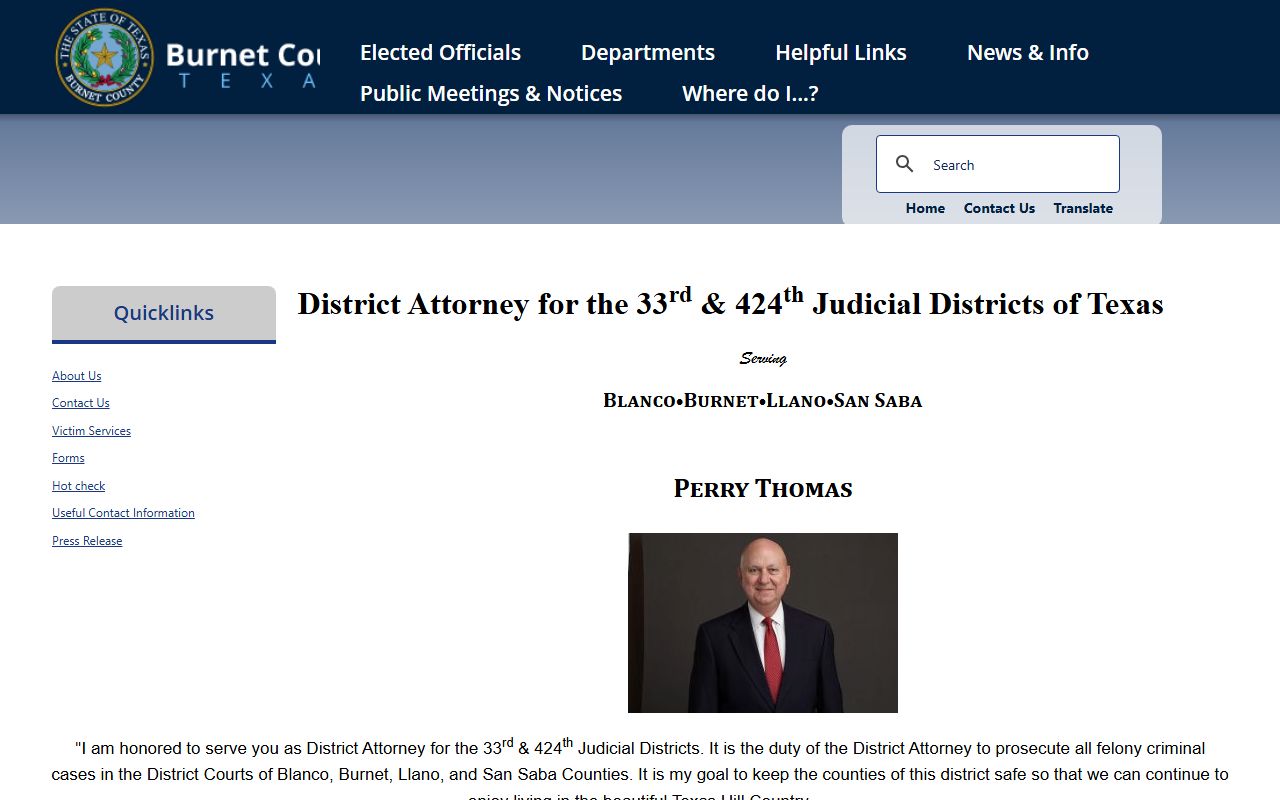 Burnet County District Attorney page for felony court records after arrest