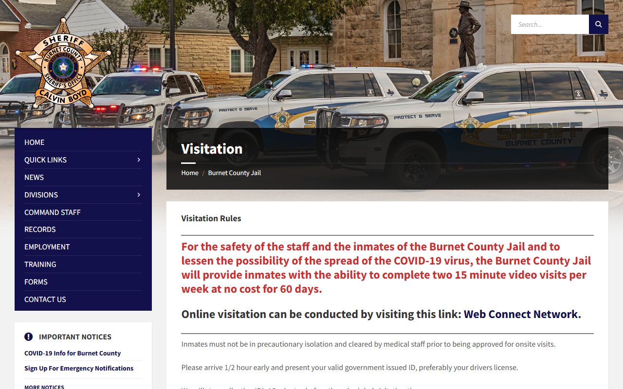 Burnet County Jail visitation schedule and inmate visit rules