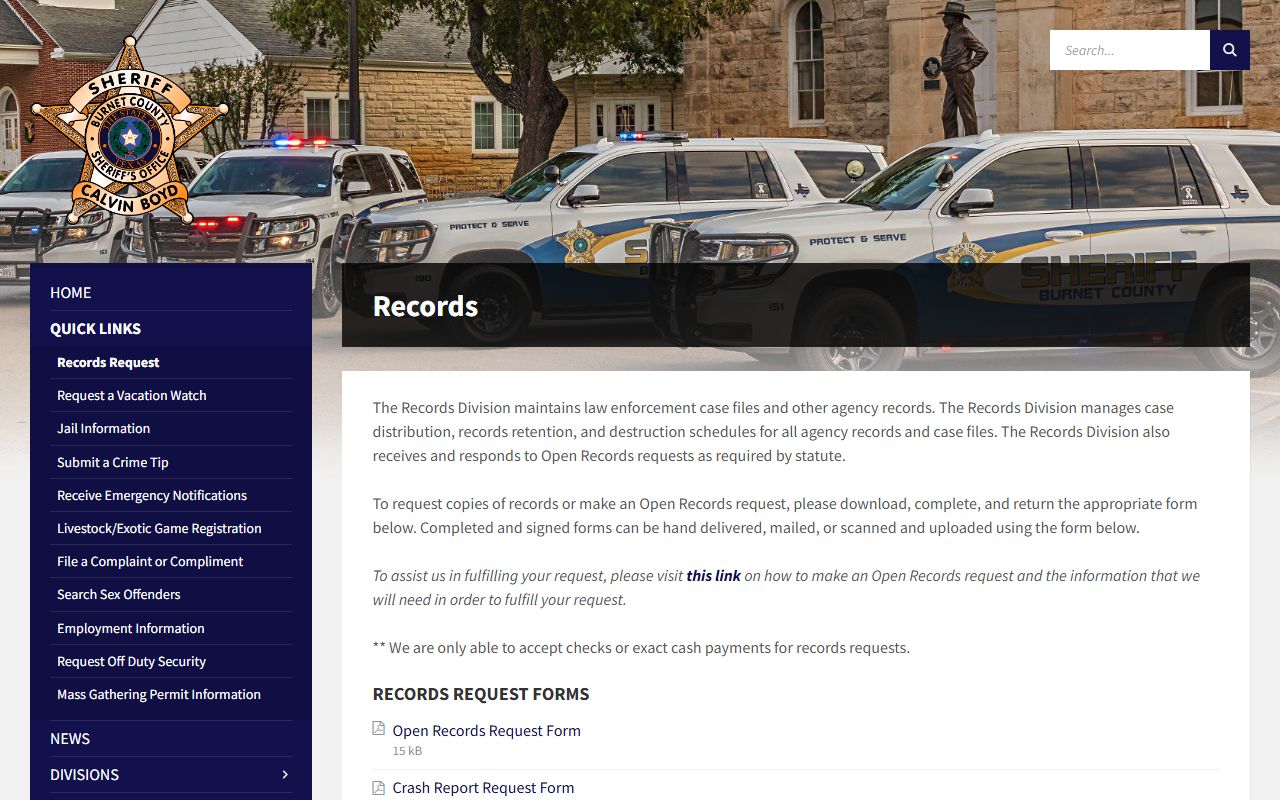 Burnet County booking photo records request page