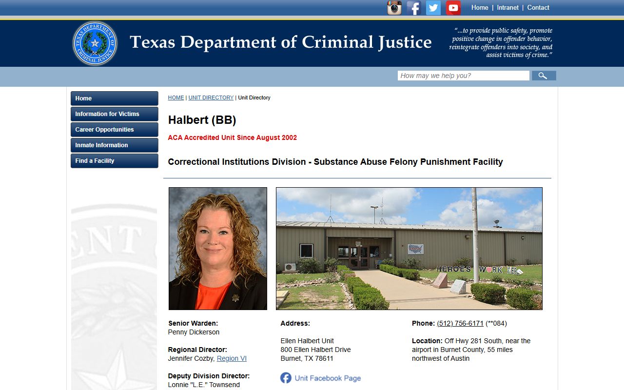 Ellen Halbert Unit TDCJ facility page for Burnet County state prison lookup