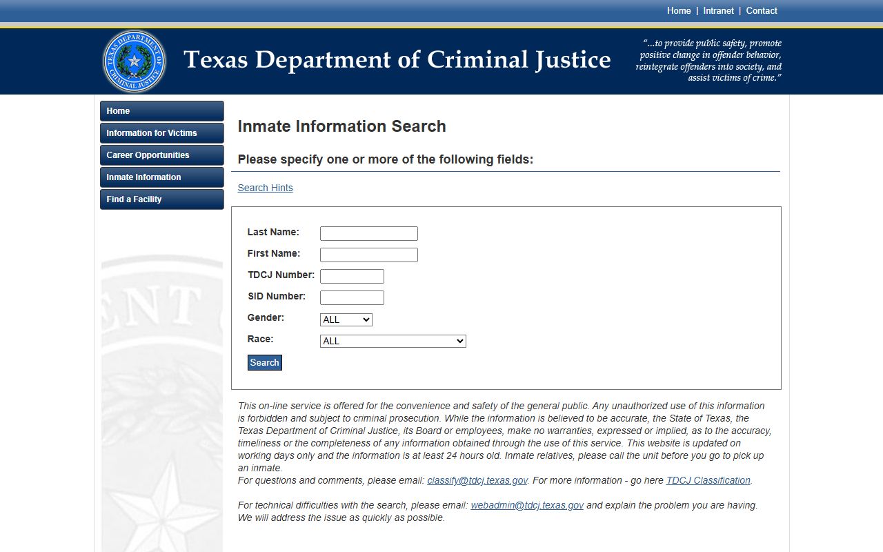 TDCJ inmate search page for Ellen Halbert Unit inmate lookup